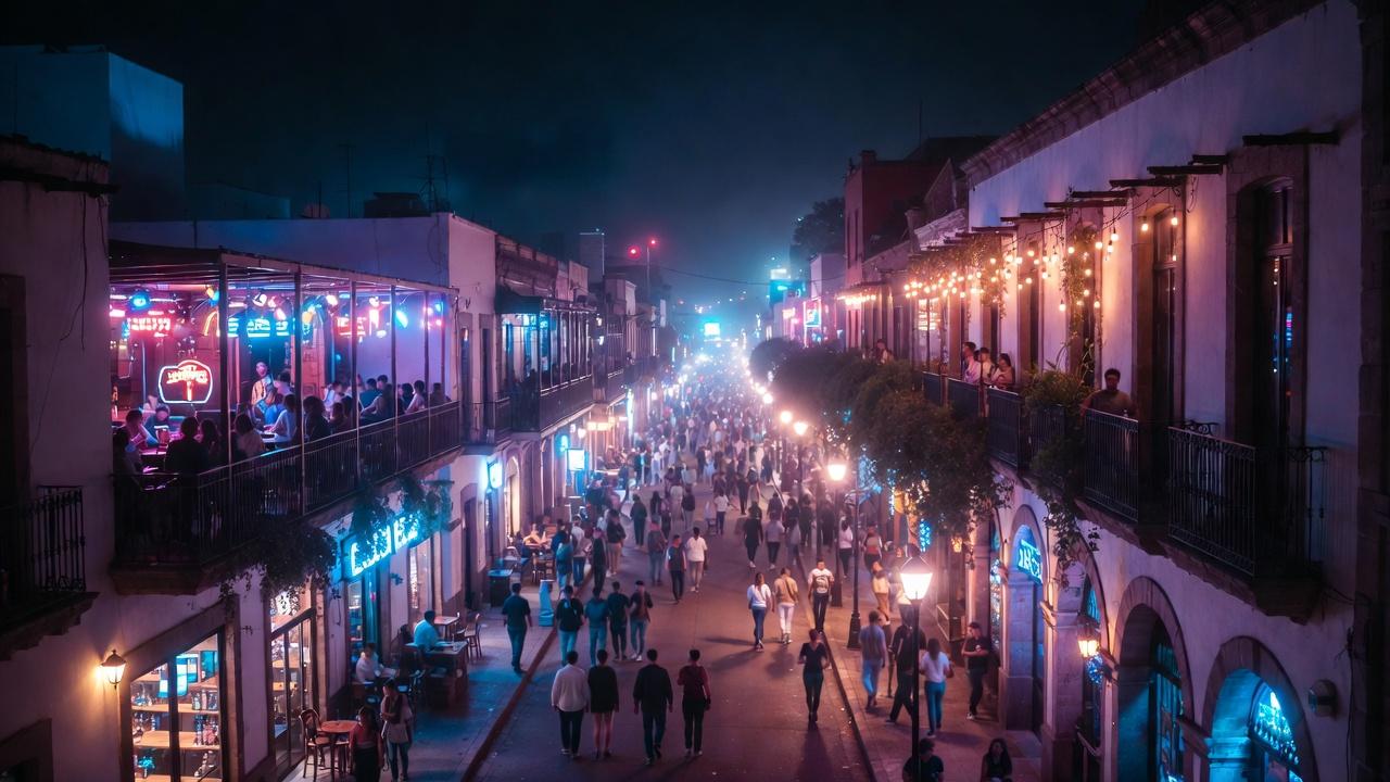 Illuminated avenue at night with bars and pedestrians in Guadalajara