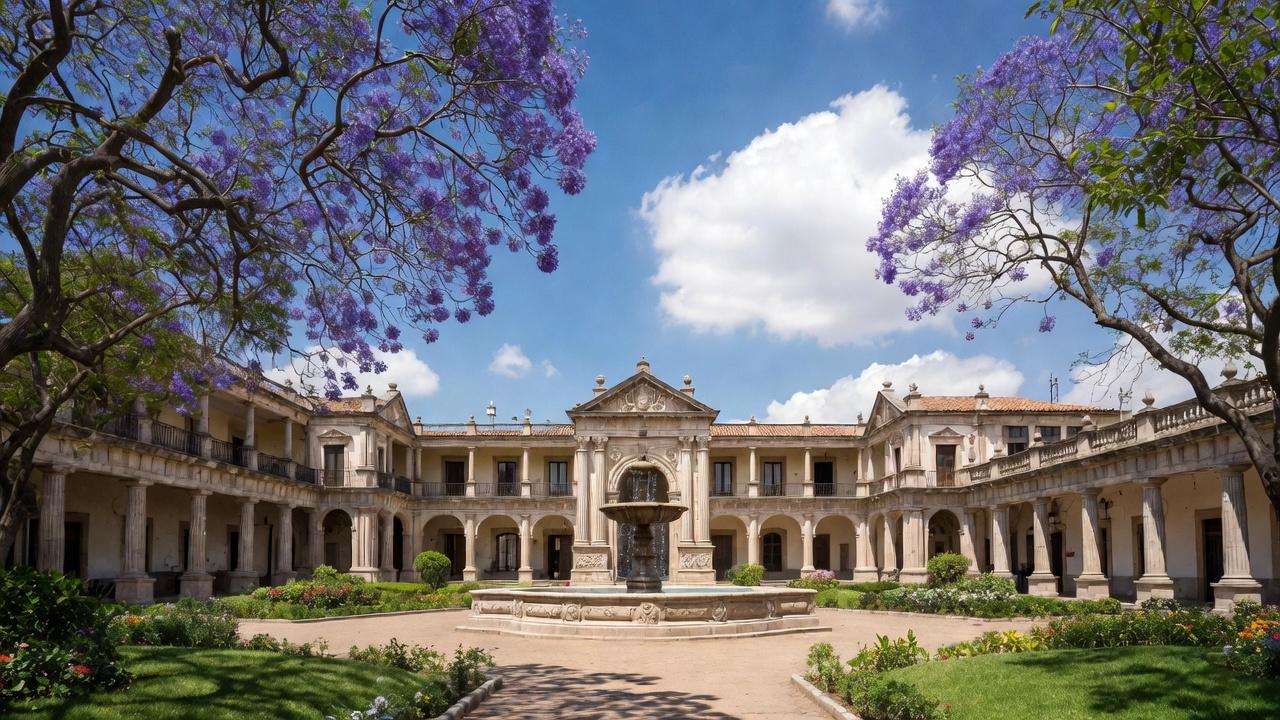 Peaceful Mexican plaza with a stone fountain surrounded by colonial buildings