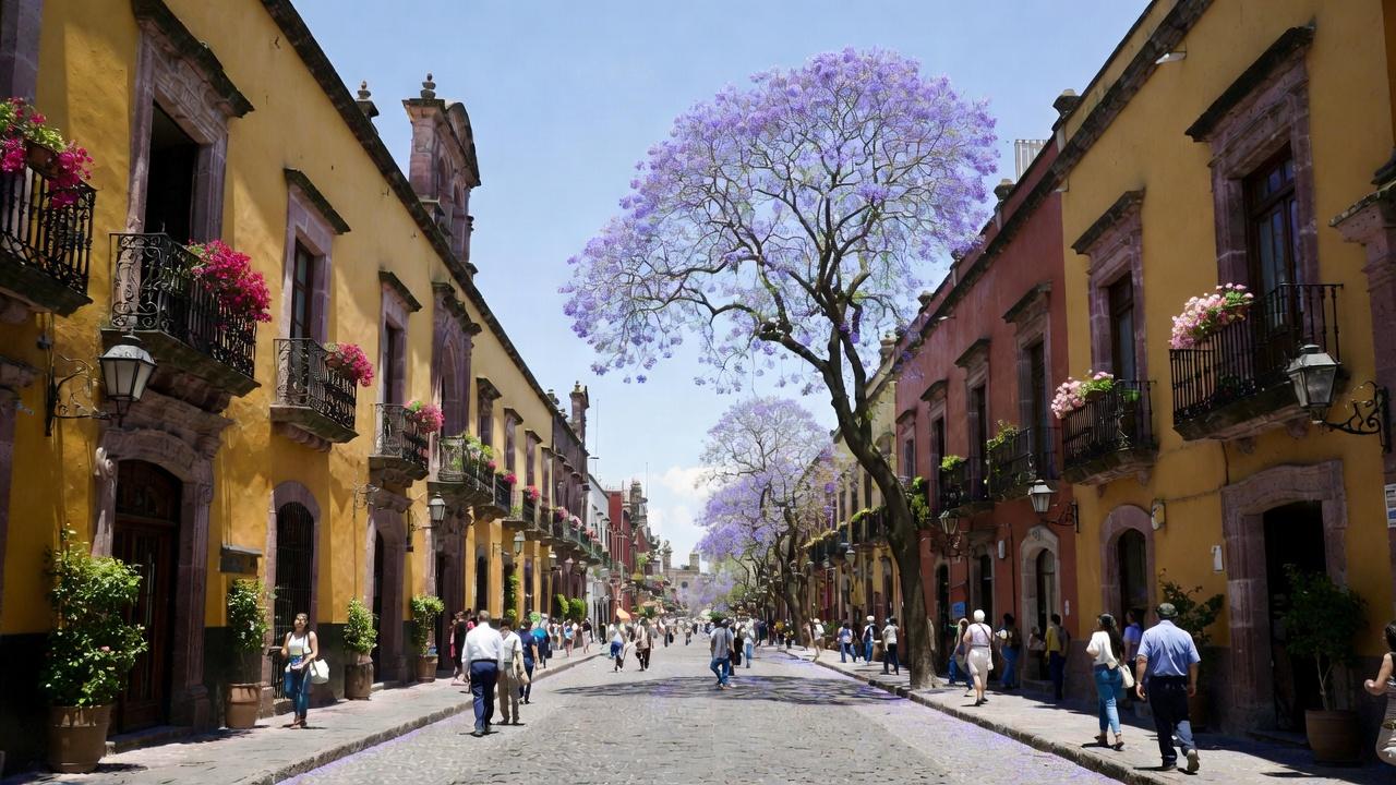 Colonial Guadalajara street during daytime with pedestrians walking safely